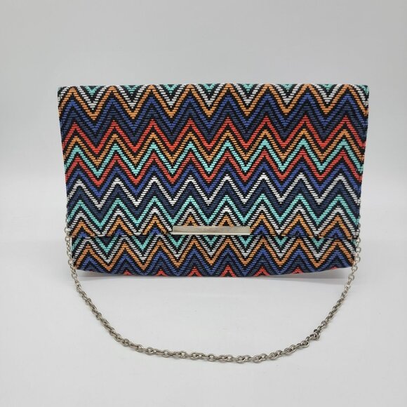 Jessica McClintock Bag Colorful Chevron Pattern Clutch Night Out Party Chain EUC - Picture 1 of 7
